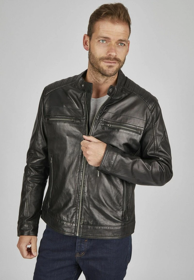 MIT STEHKRAGEN UND DRUCKKNOPFRIEGEL - Lederjacke - schwarz Bugatti MIT STEHKRAGEN UND DRUCKKNOPFRIEGEL - Lederjacke - Schwarz -Bekleidungsgeschäft 6a2726c203534f0896f3940d5f4c7fad